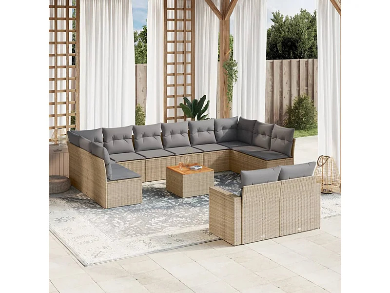 Set Divano da Giardino 13 pz con Cuscini Beige Misto Polyrattan
