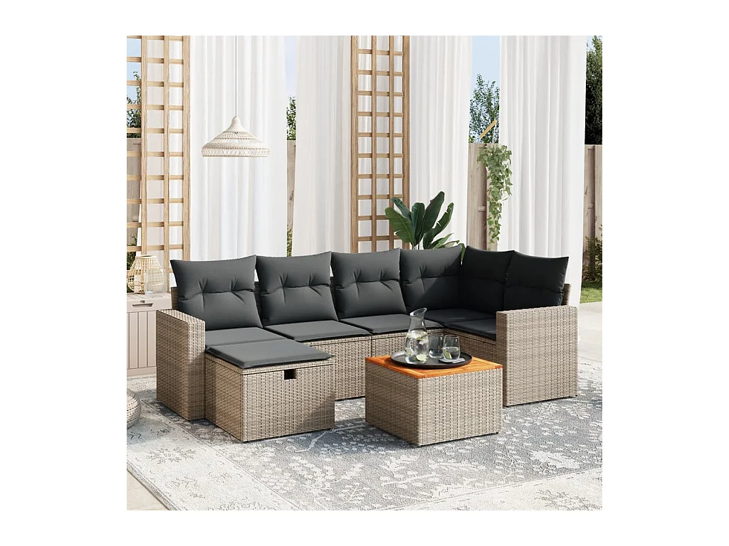 7-delige Loungeset met kussens poly rattan grijs