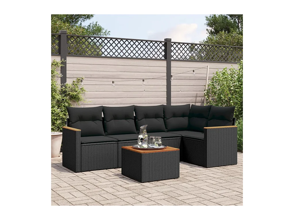 Set Divano da Giardino 6 pz con Cuscini Nero in Polyrattan