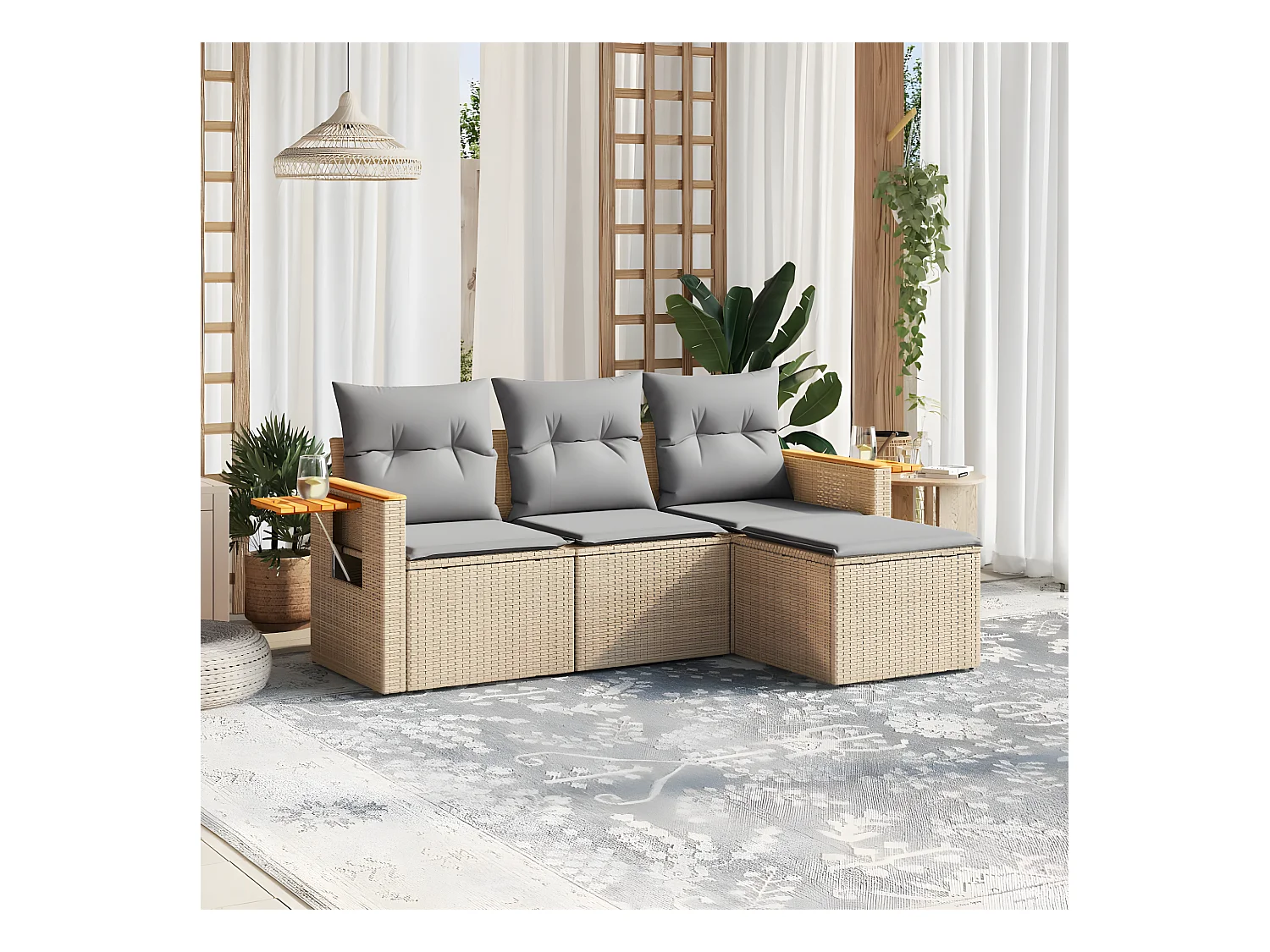 4-tlg. Garten-Sofagarnitur mit Kissen Beige Poly Rattan