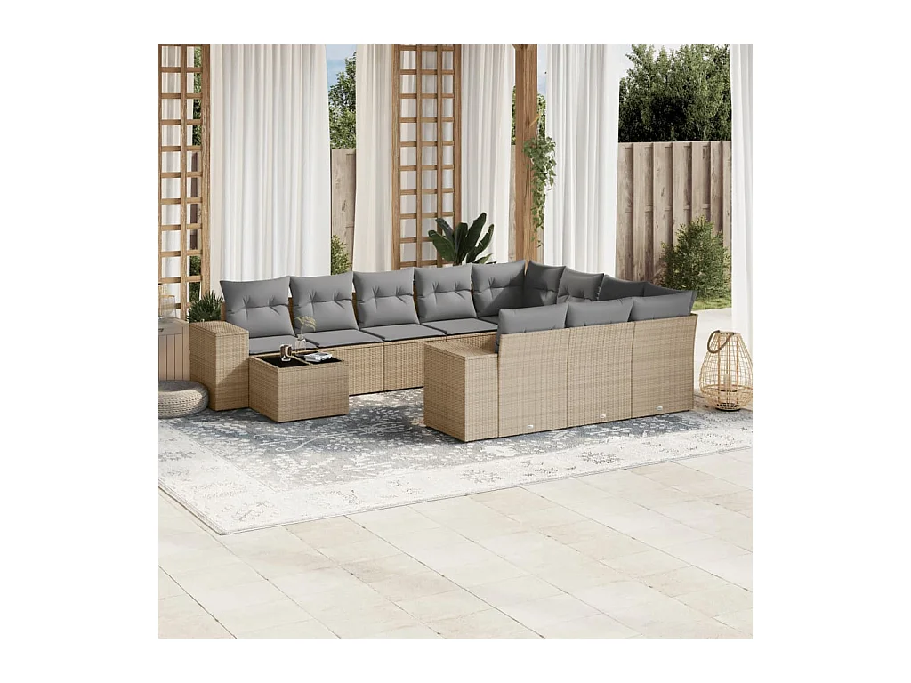 Set Divani da Giardino 11 pz con Cuscini Beige in Polyrattan