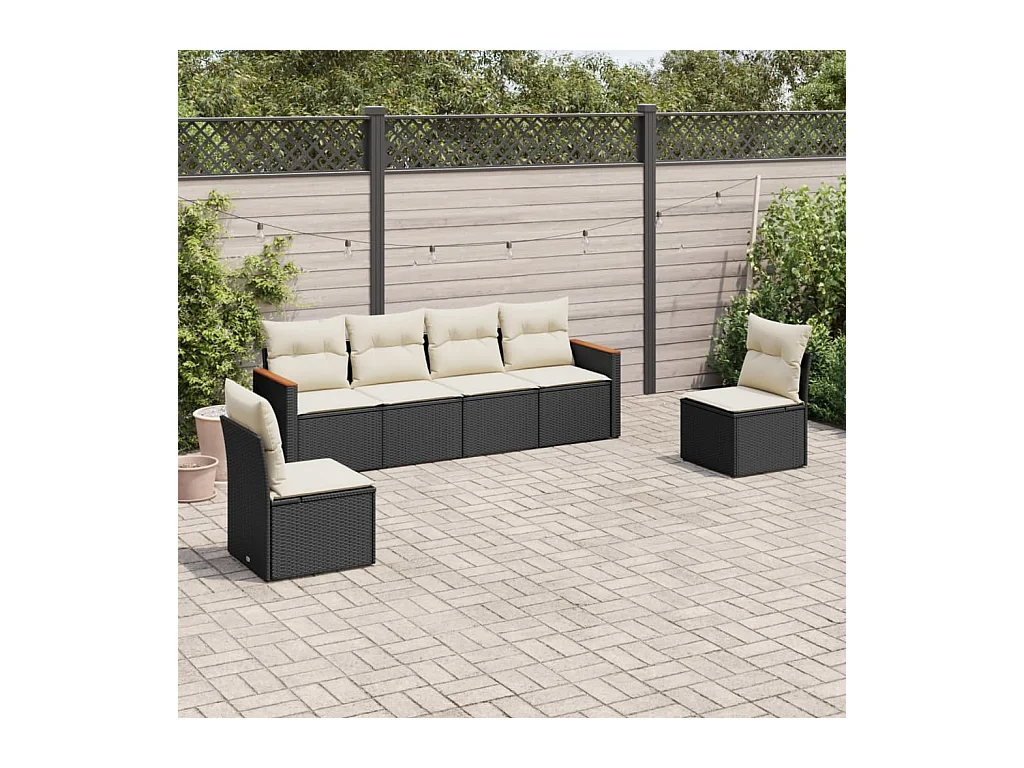 Salon de jardin 6 pcs avec coussins noir résine tressée