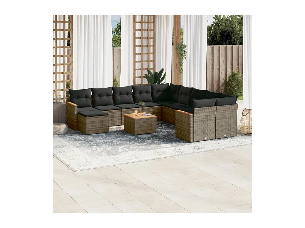 Salon de jardin avec coussins 12 pcs gris résine tressée