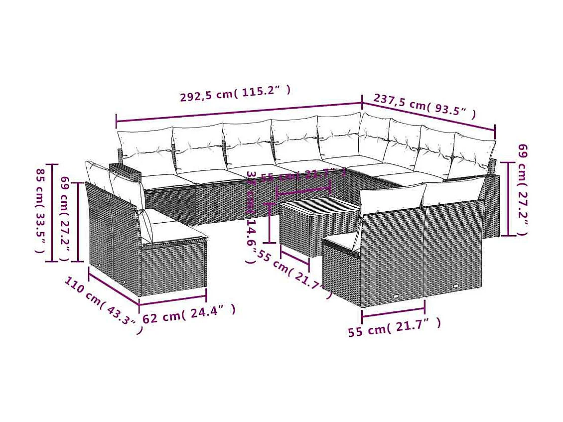 Salon de jardin avec coussins 13 pcs noir résine tressée