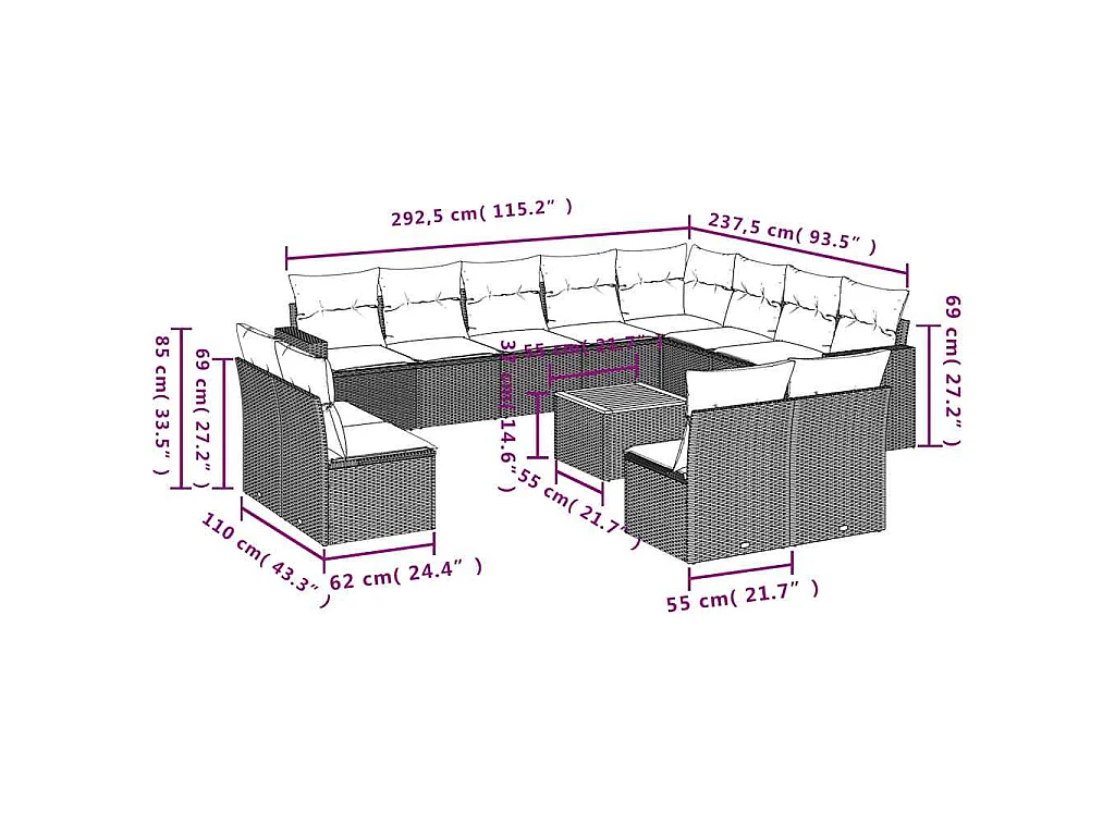 13-tlg. Garten-Sofagarnitur mit Kissen Schwarz Poly Rattan