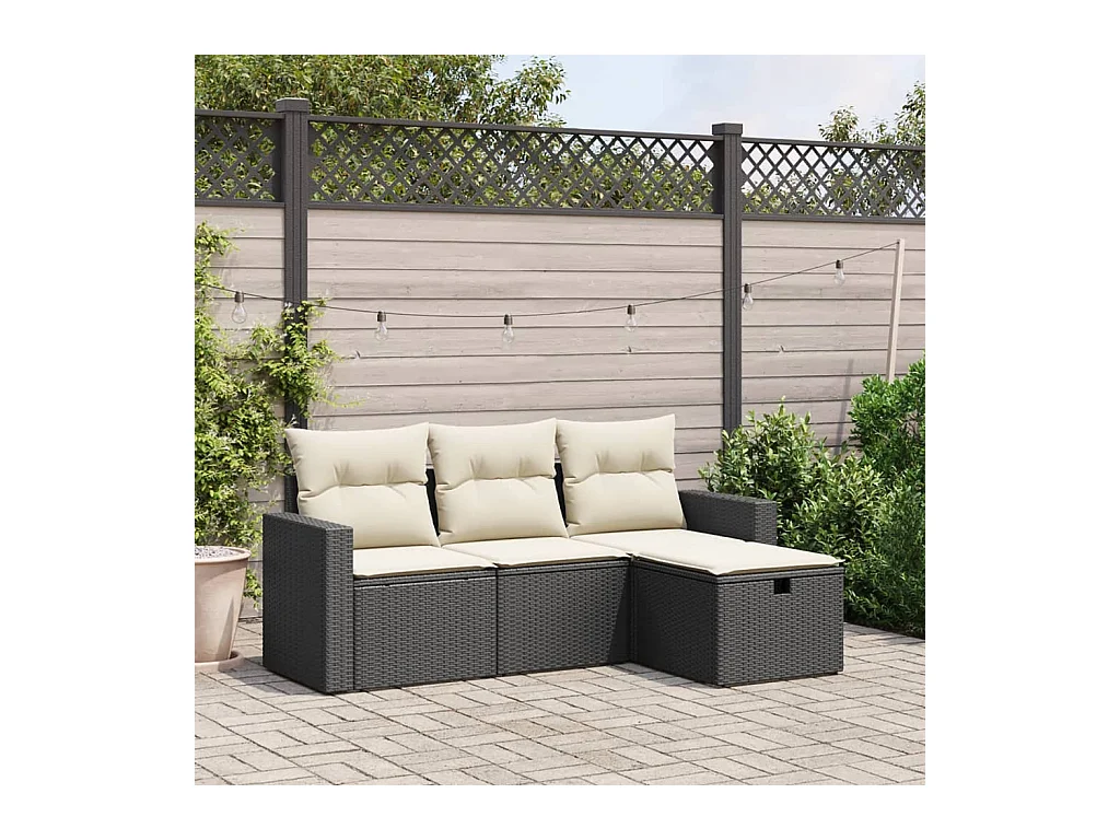 Salon de jardin 4 pcs avec coussins noir résine tressée