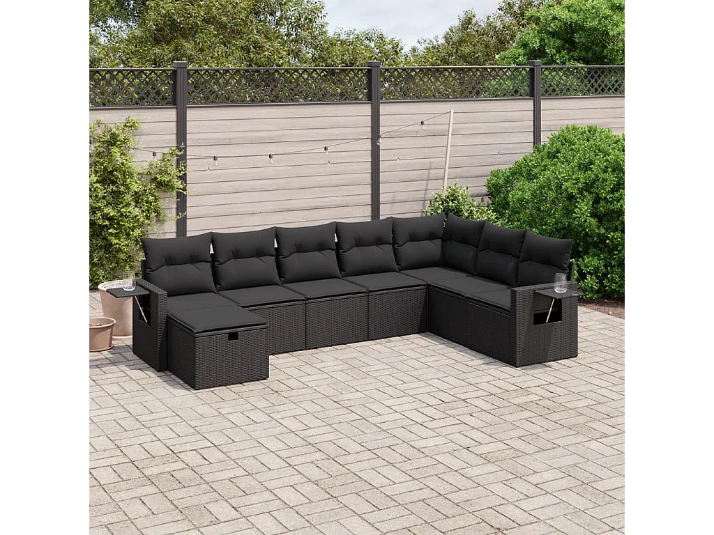 8-delige Loungeset met kussens poly rattan zwart