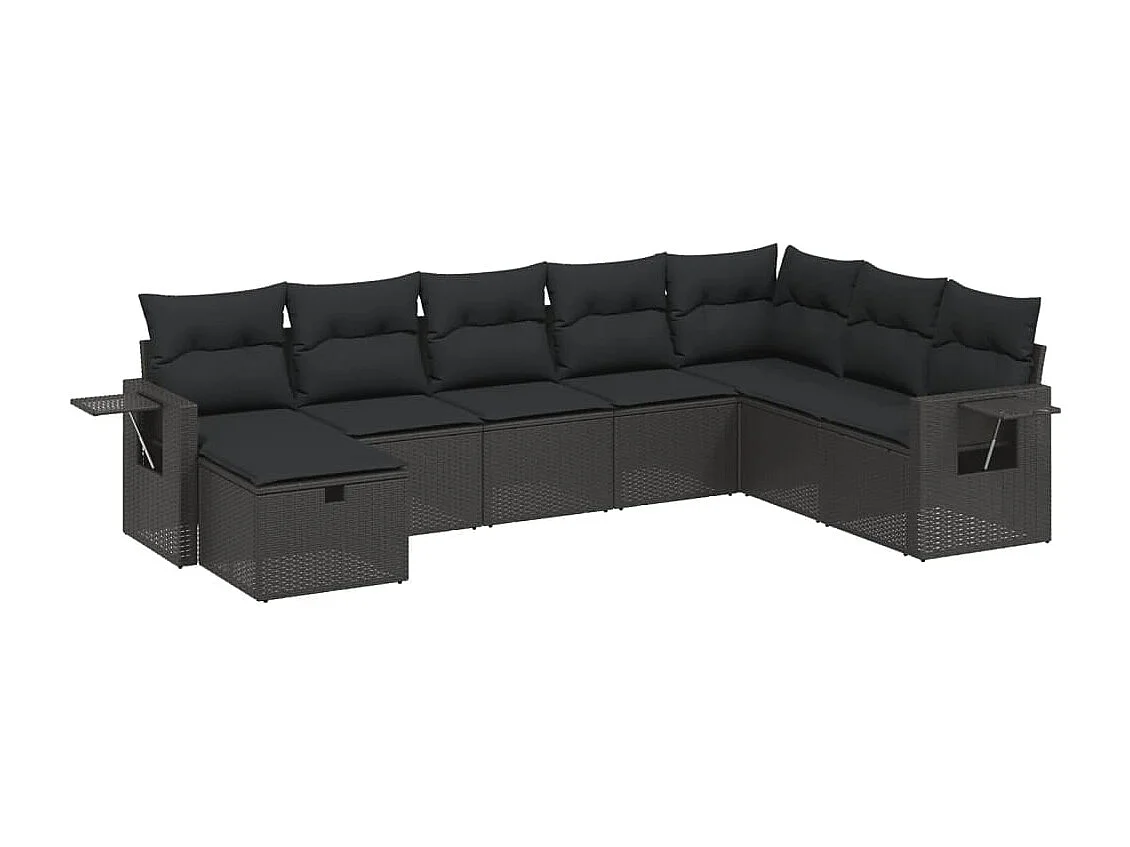 8-delige Loungeset met kussens poly rattan zwart