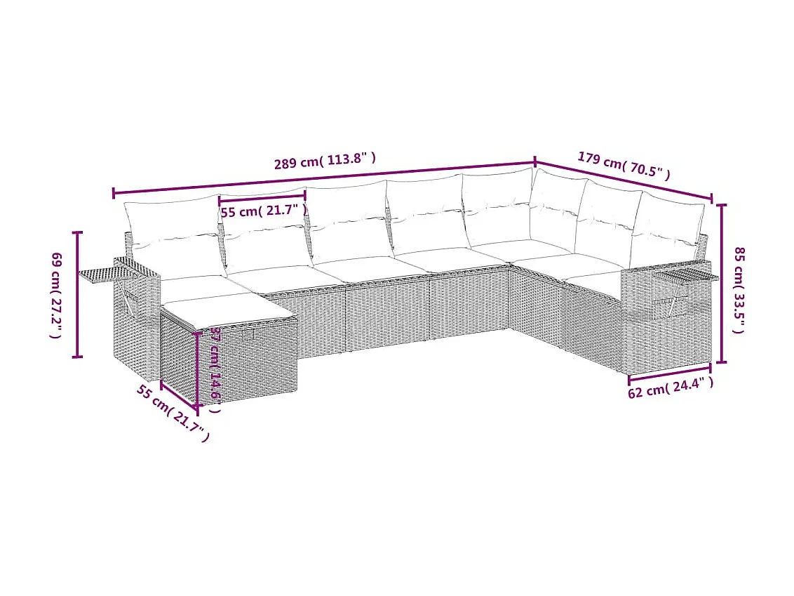 8-delige Loungeset met kussens poly rattan zwart