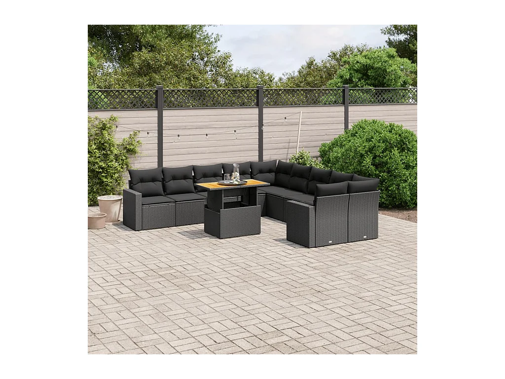 Salon de jardin 11 pcs avec coussins noir résine tressée