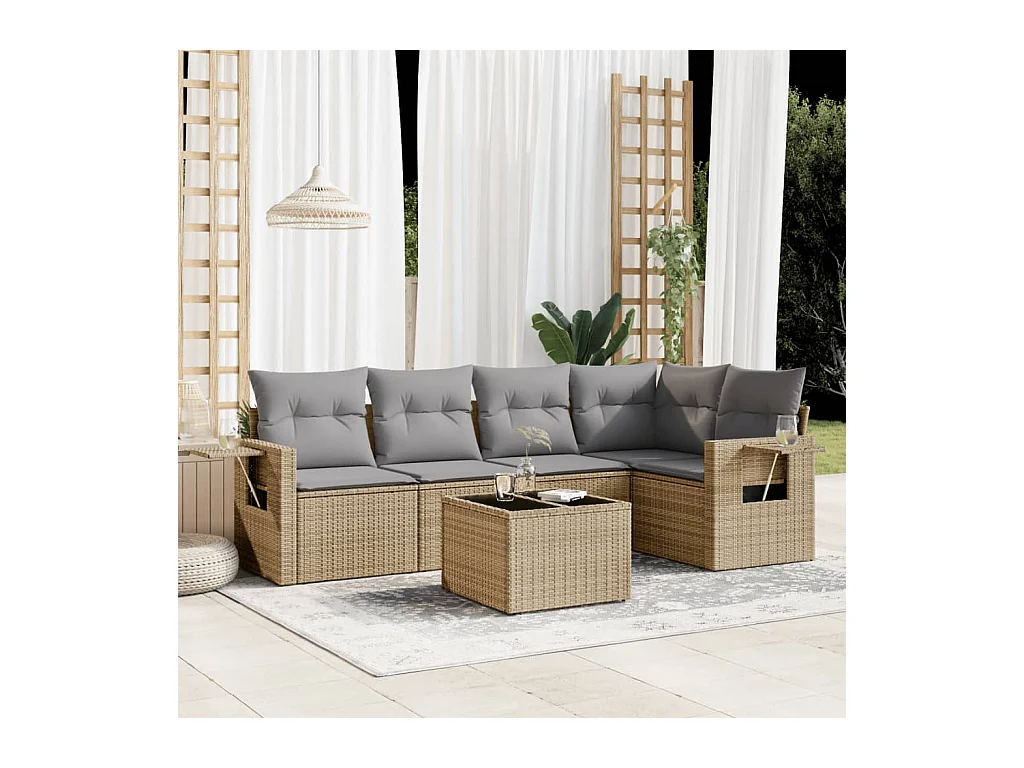 6-delige Loungeset met kussens poly rattan beige