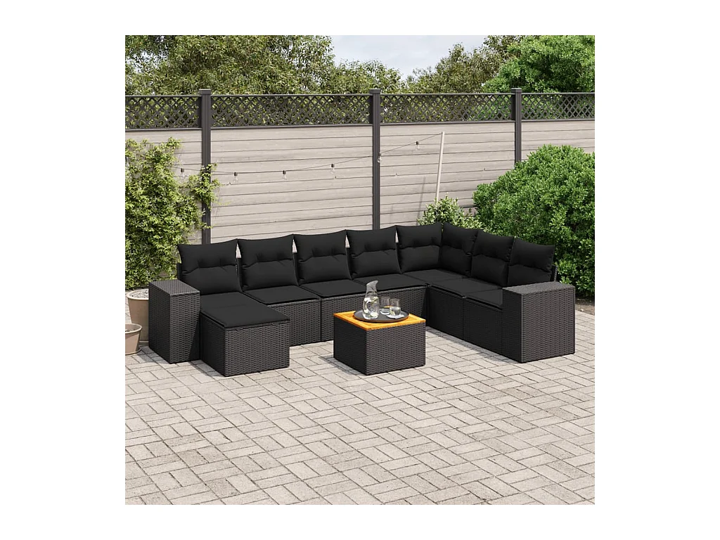 Salon de jardin 9 pcs avec coussins noir résine tressée