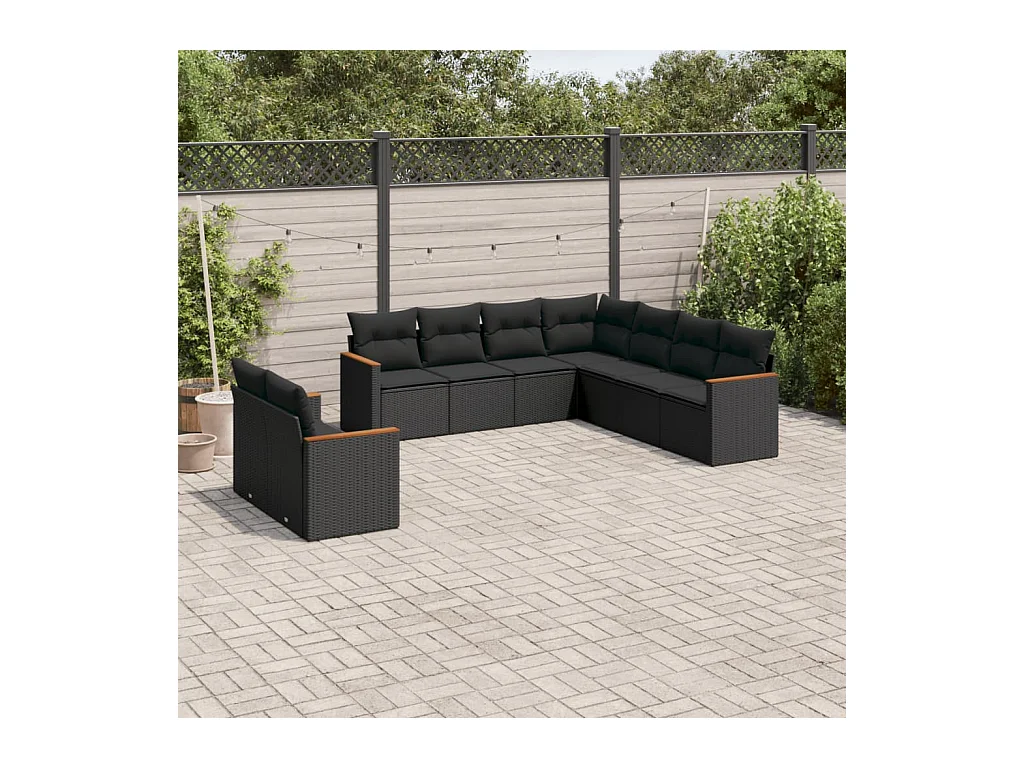 9-delige Loungeset met kussens poly rattan zwart