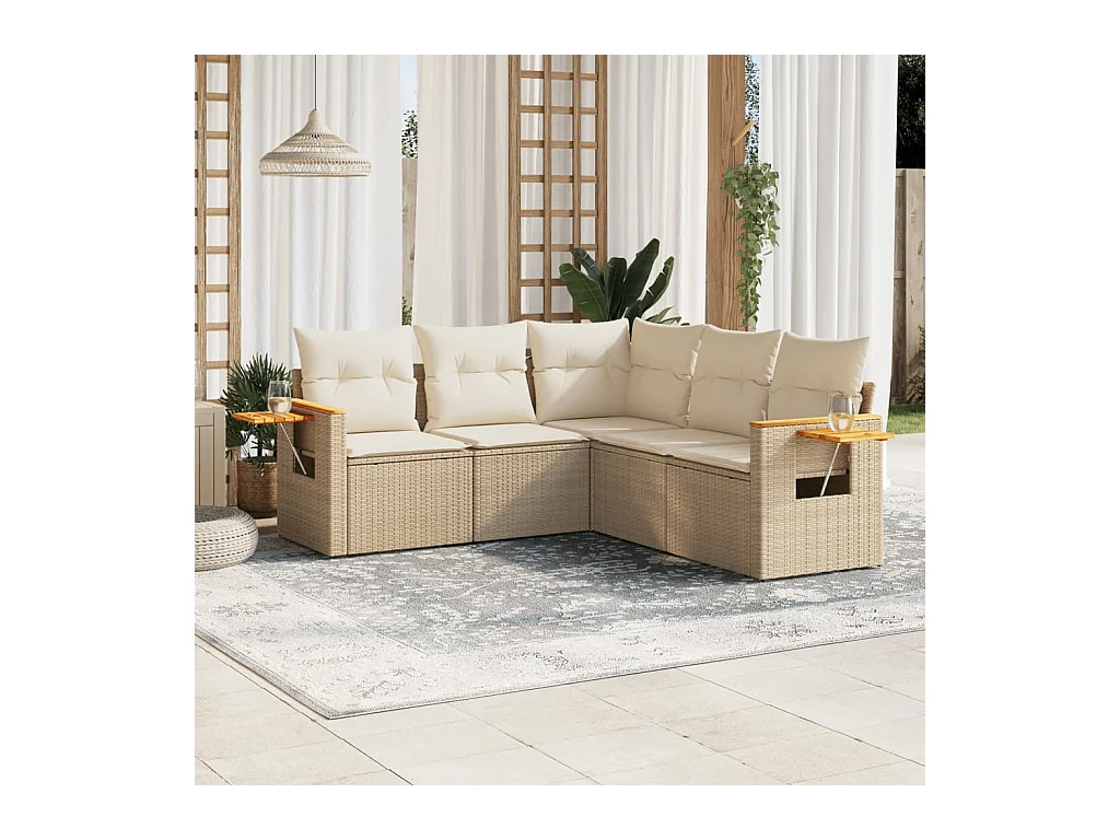 Salon de jardin avec coussins 5 pcs beige résine tressée