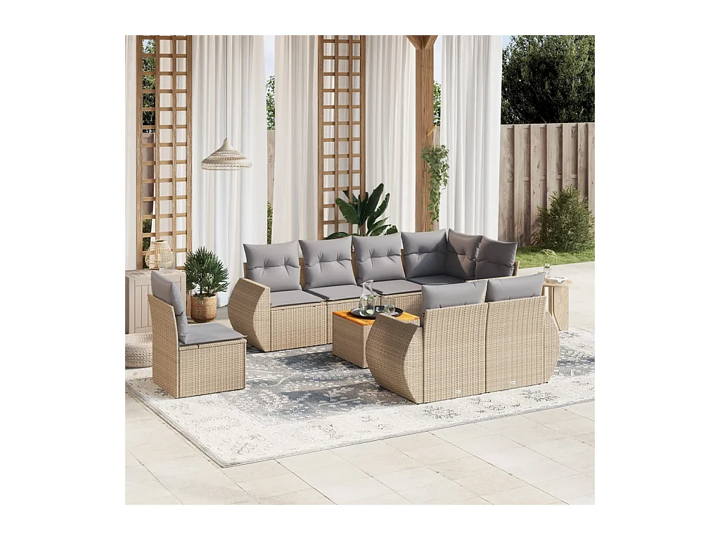 Salon de jardin avec coussins 9 pcs beige résine tressée
