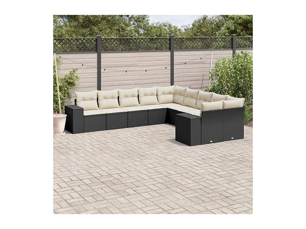 Salon de jardin 10 pcs avec coussins noir résine tressée