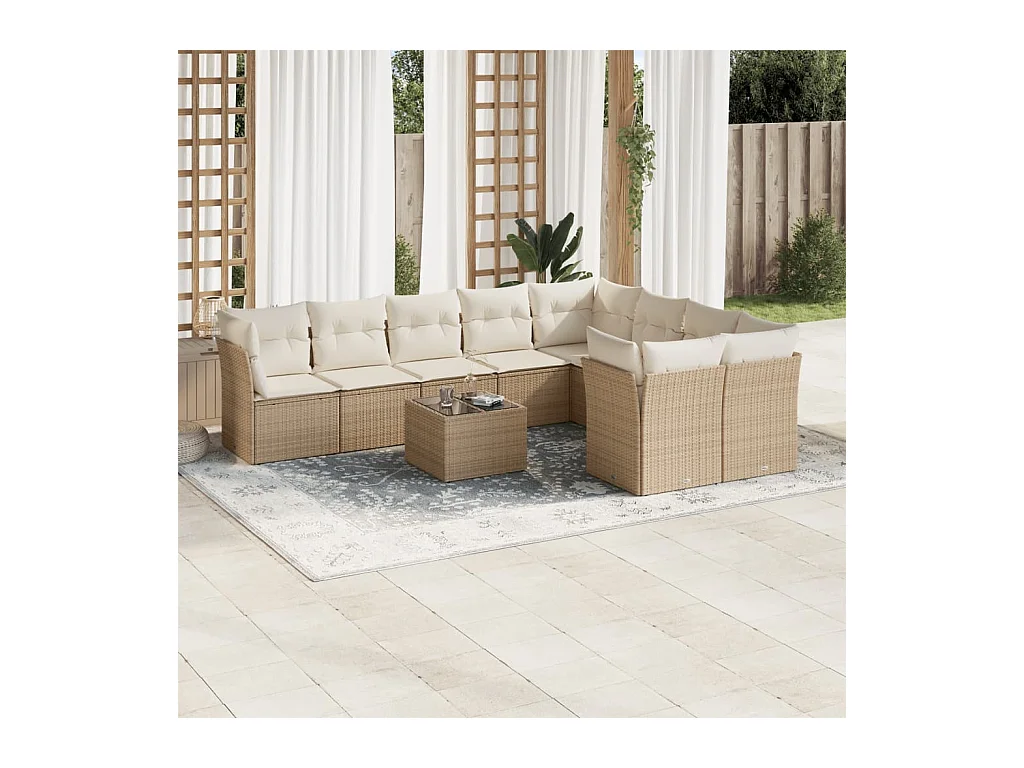 10-tlg. Garten-Sofagarnitur mit Kissen Beige Poly Rattan