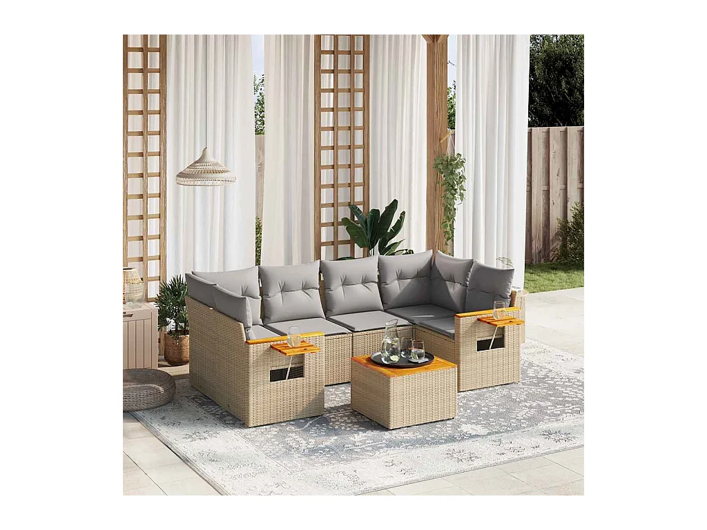 Set Divani da Giardino 7 pz con Cuscini Beige in Polyrattan