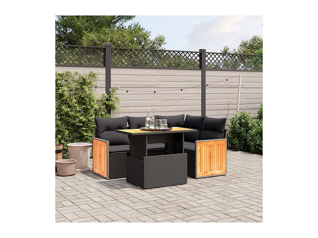 5 pcs conjunto sofás de jardim com almofadões vime PE preto