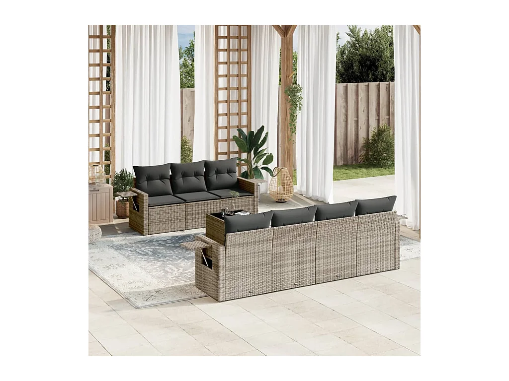 8-tlg. Garten-Sofagarnitur mit Kissen Grau Poly Rattan