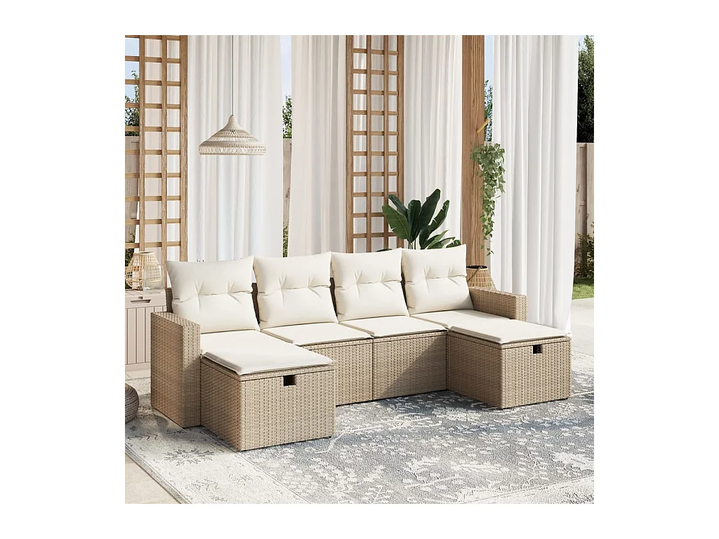 Set Divano da Giardino 6 pz con Cuscini Beige in Polyrattan