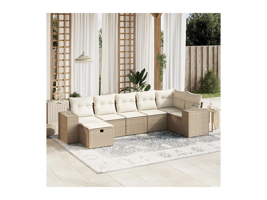 Salon de jardin avec coussins 7 pcs beige résine tressée