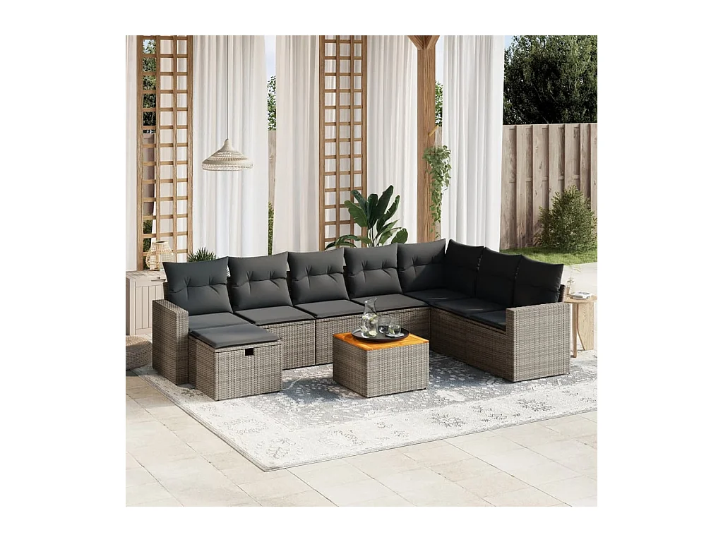 Salon de jardin 9 pcs avec coussins gris résine tressée