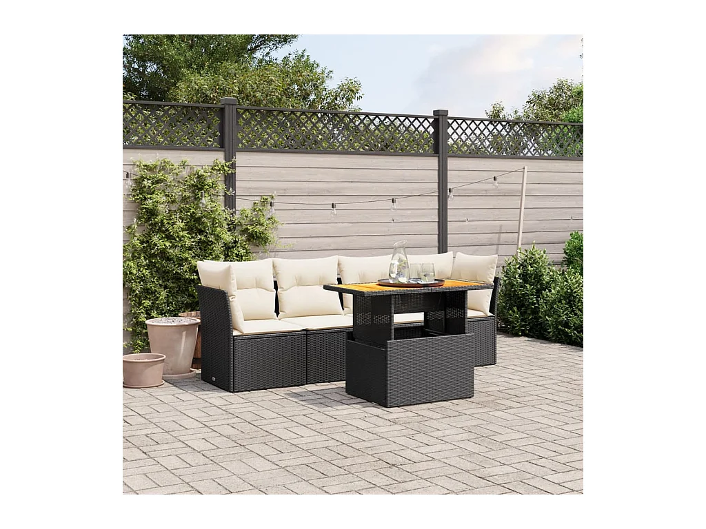 Salon de jardin 5 pcs avec coussins noir résine tressée