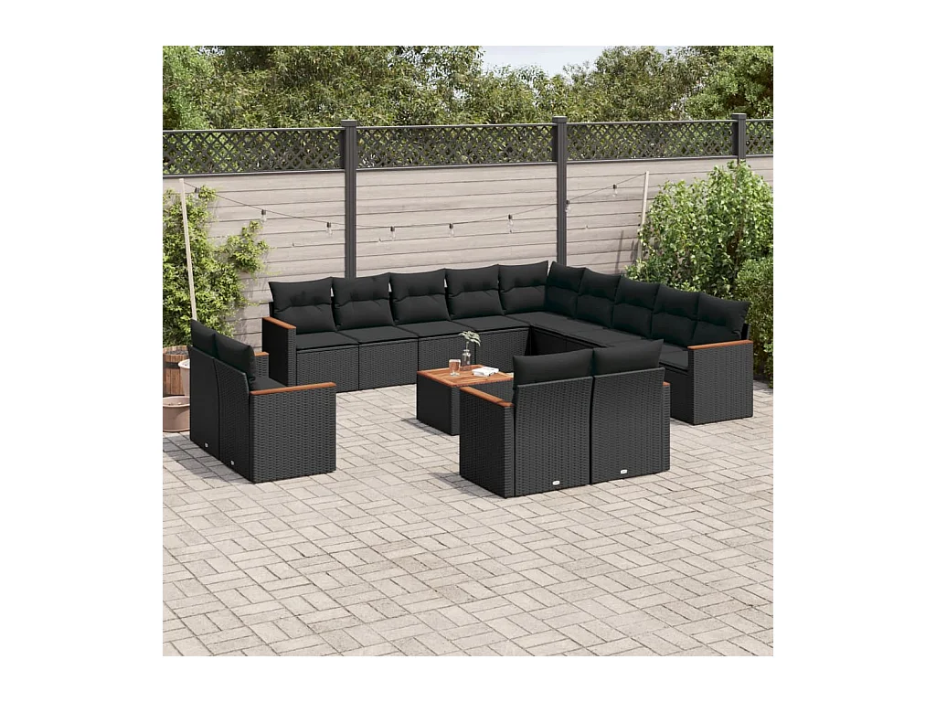 Salon de jardin avec coussins 14 pcs noir résine tressée