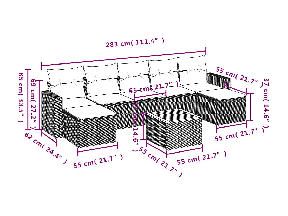 Salon de jardin 8 pcs avec coussins noir résine tressée