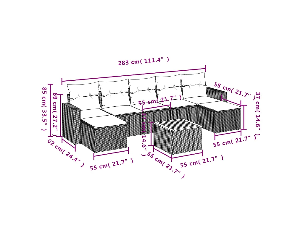 8-tlg. Garten-Sofagarnitur mit Kissen Schwarz Poly Rattan