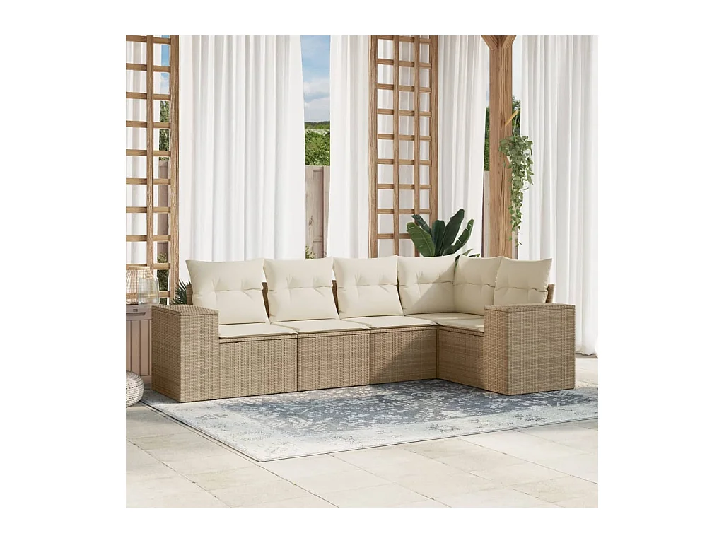 Salon de jardin avec coussins 5 pcs beige résine tressée