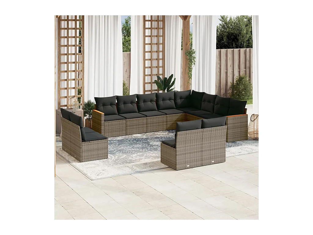Salon de jardin avec coussins 12 pcs gris résine tressée