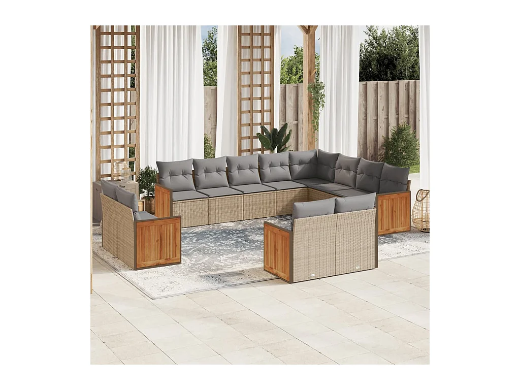 Salon de jardin avec coussins 12 pcs beige résine tressée