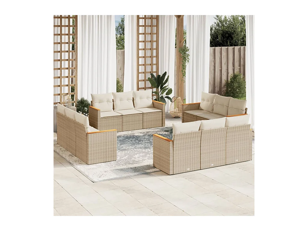 Set Divani da Giardino 12 pz con Cuscini Beige in Polyrattan