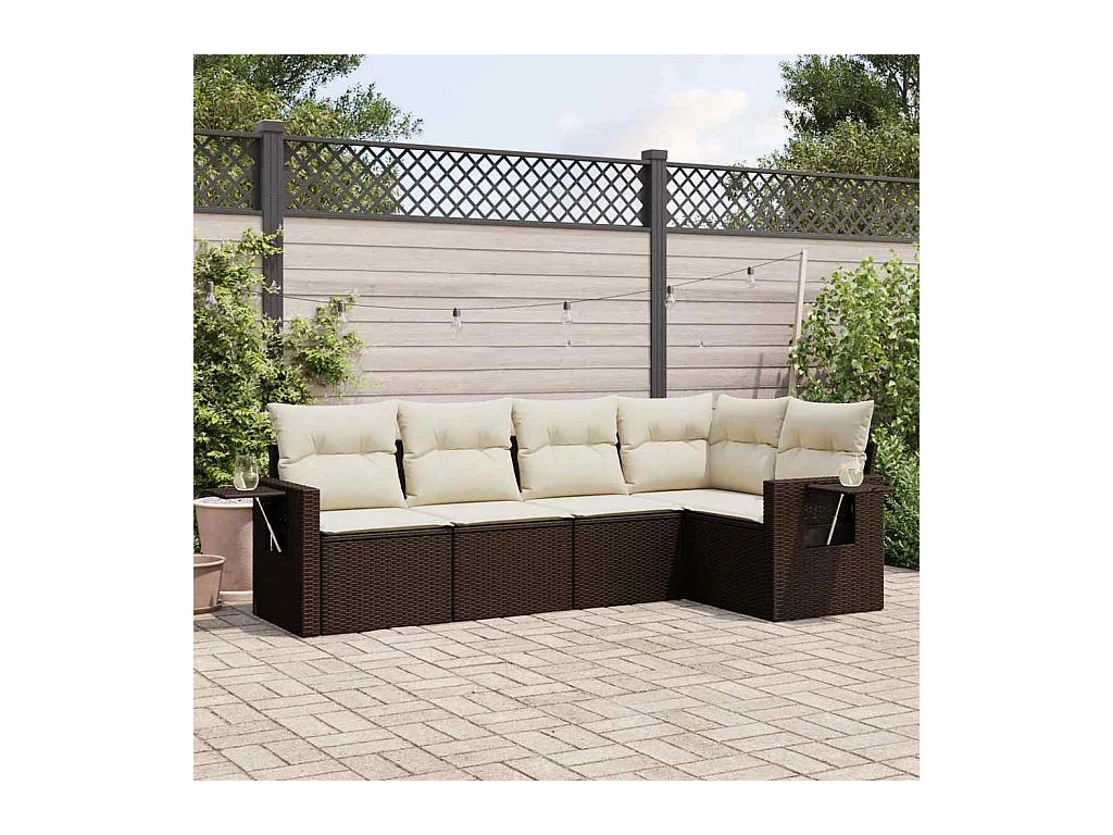 Set Divano da Giardino 5 pz con Cuscini Marrone in Polyrattan