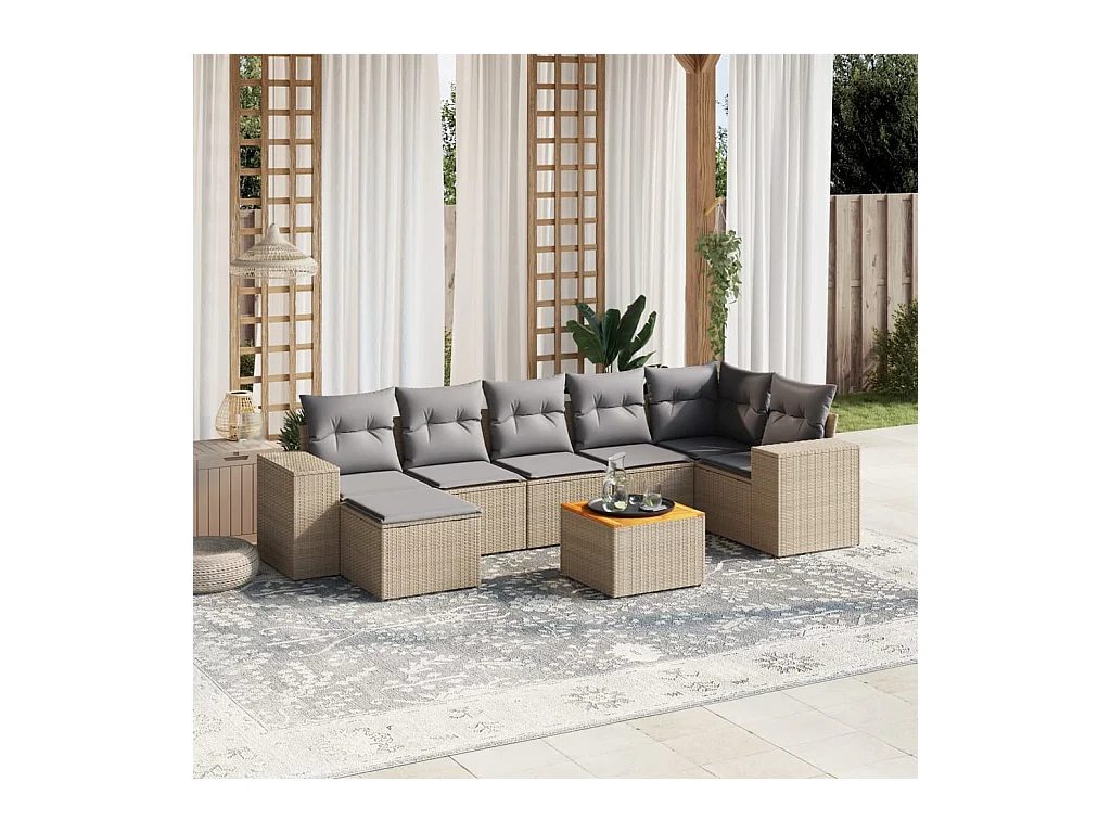 8-delige Loungeset met kussens poly rattan beige
