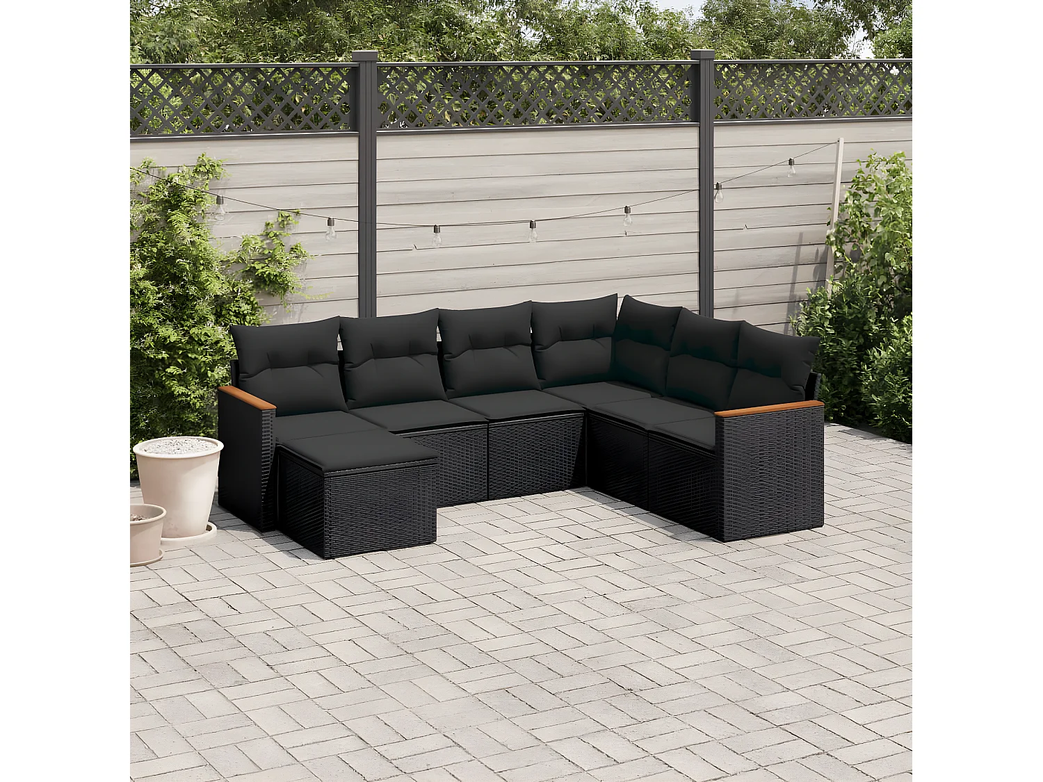 Salon de jardin 7 pcs avec coussins noir résine tressée