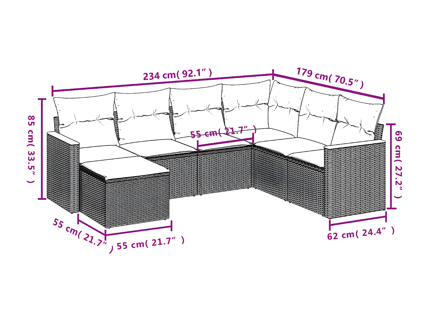 Salon de jardin 7 pcs avec coussins noir résine tressée