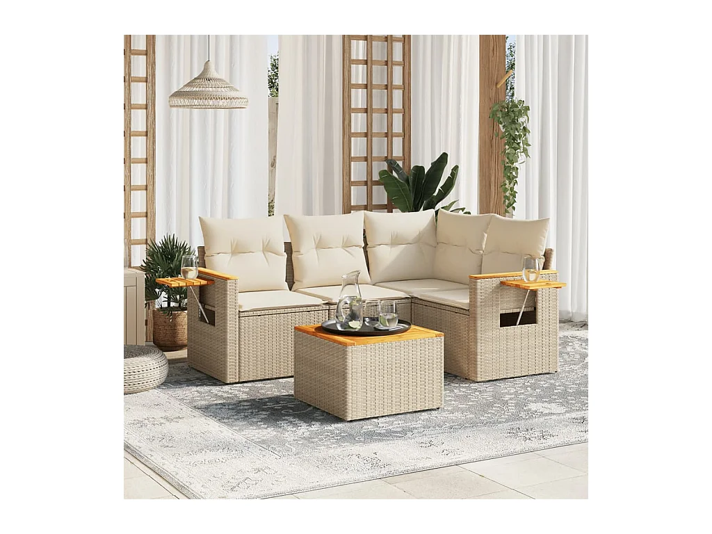 5-tlg. Garten-Sofagarnitur mit Kissen Beige Poly Rattan