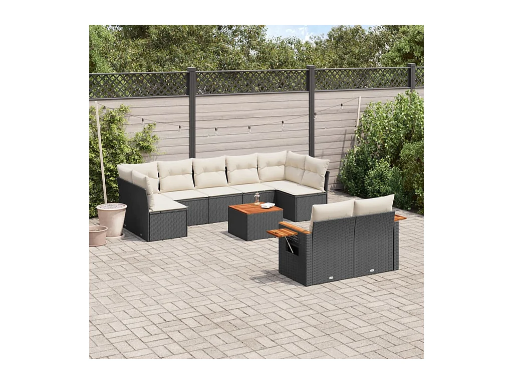 Salon de jardin 10 pcs avec coussins noir résine tressée