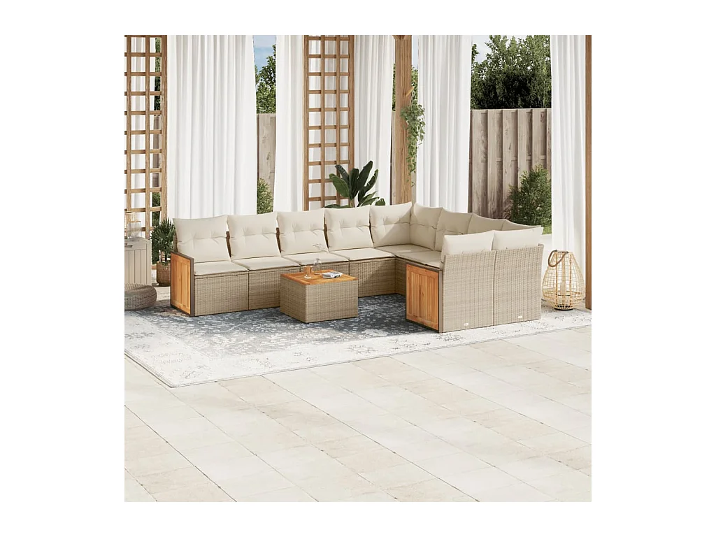 Salon de jardin avec coussins 10 pcs beige résine tressée