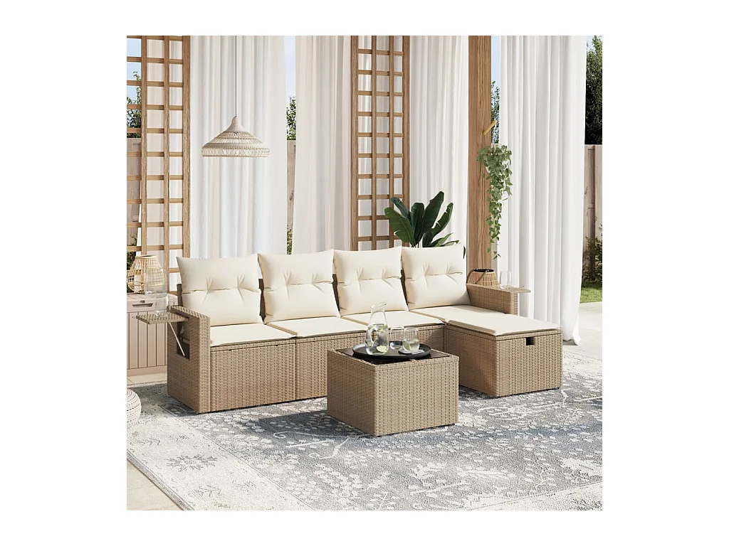 Set Divano da Giardino 6 pz con Cuscini Beige in Polyrattan
