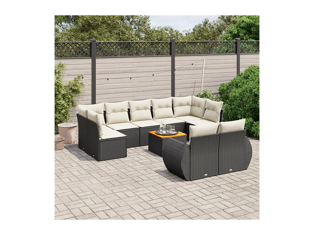 10-delige Loungeset met kussens poly rattan zwart