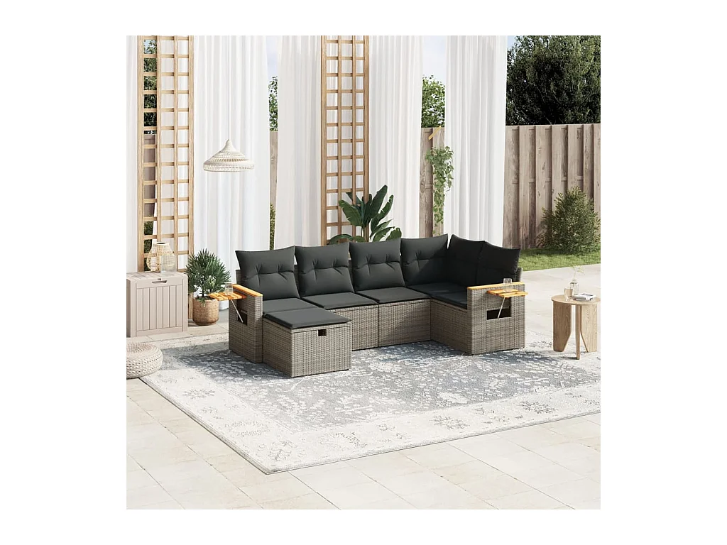 Salon de jardin 6 pcs avec coussins gris résine tressée