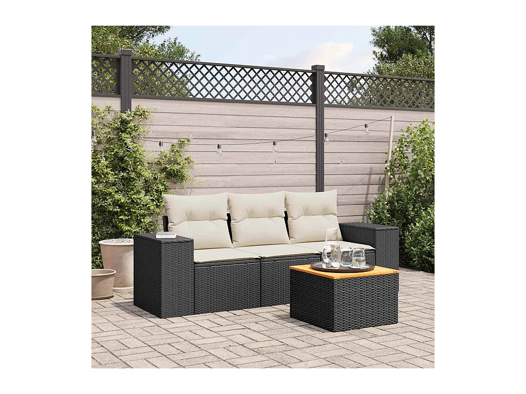 Salon de jardin 4 pcs avec coussins noir résine tressée