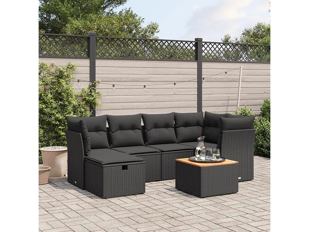 Salon de jardin 7 pcs avec coussins noir résine tressée