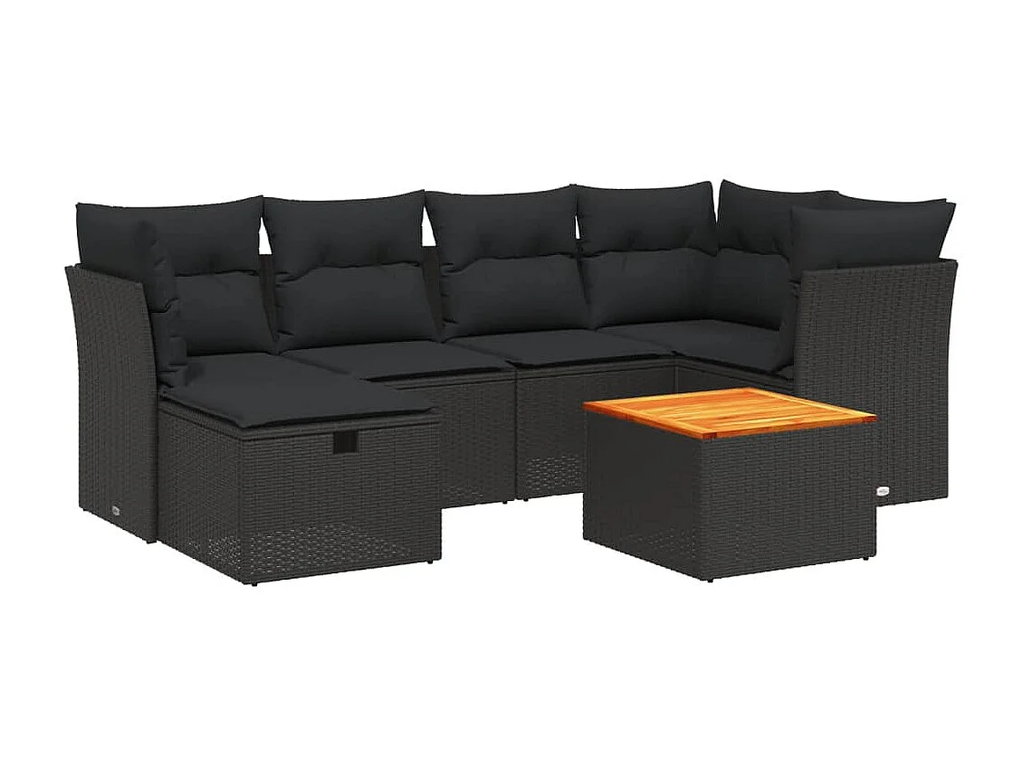 Salon de jardin 7 pcs avec coussins noir résine tressée