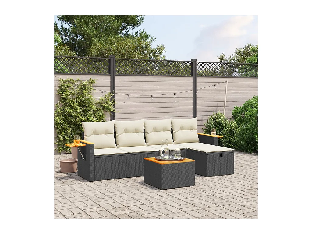 Set Divano da Giardino 6 pz con Cuscini Nero in Polyrattan