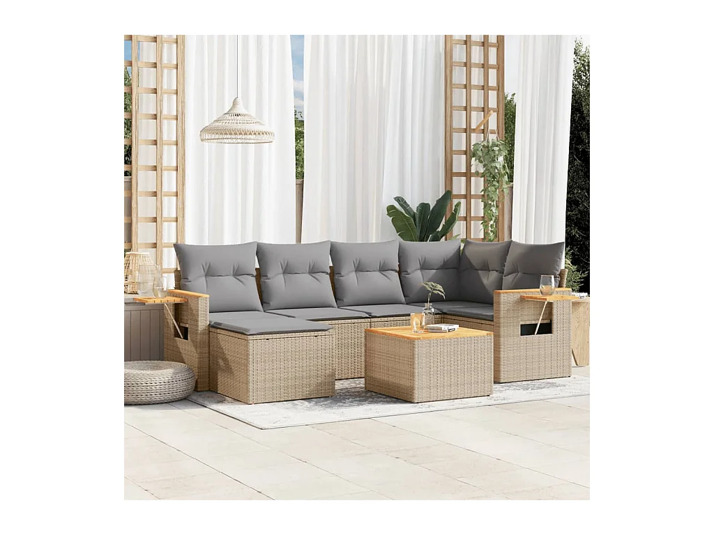 7 pcs conjunto de sofás p/ jardim com almofadões vime PE bege